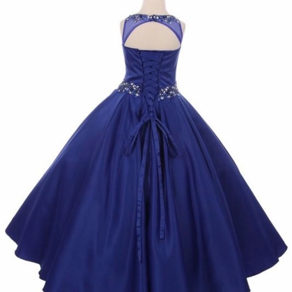 Girls Kids Children’s Tween Royal Blue Satin Pageant Dress with Pockets - Picture 2 of 6